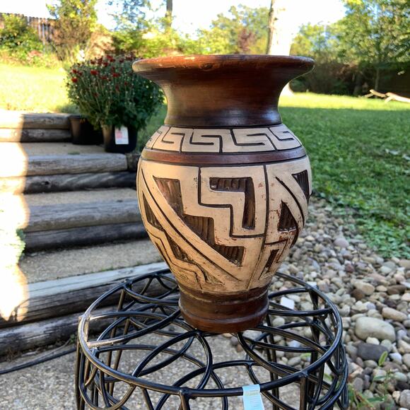 Vintage Decorative Segmented Wood Look Pottery Vase - Picture 2 of 8